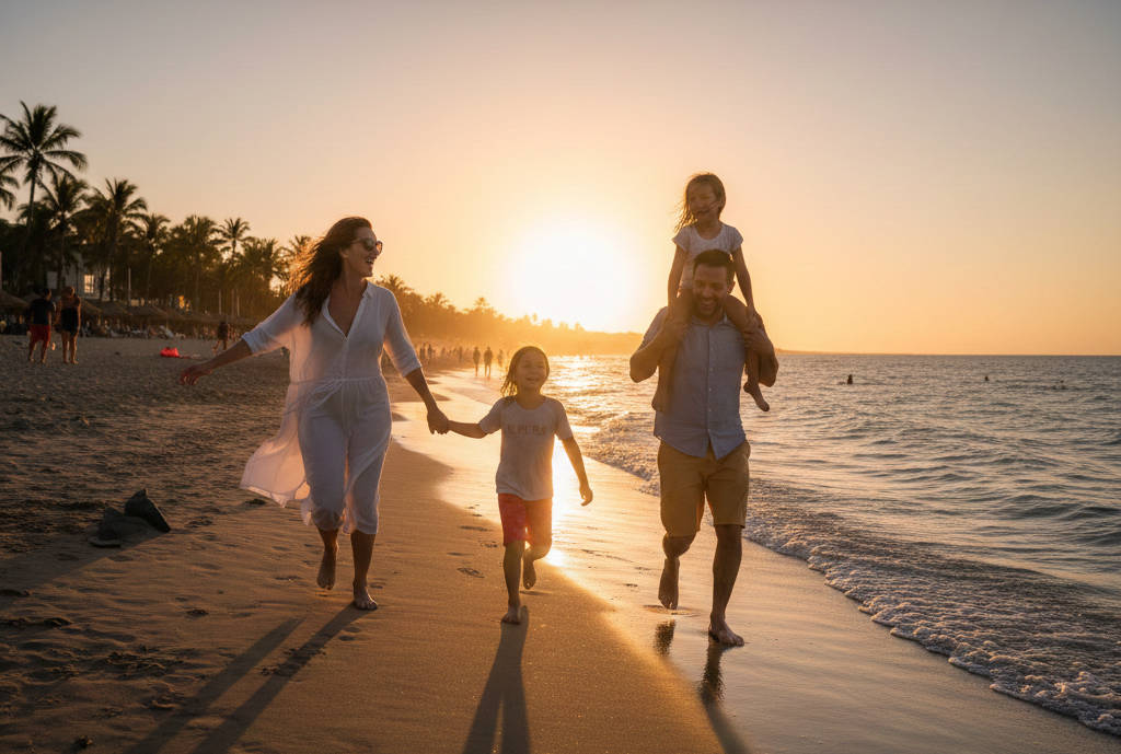 Familie nyder solnedgangen sammen på stranden