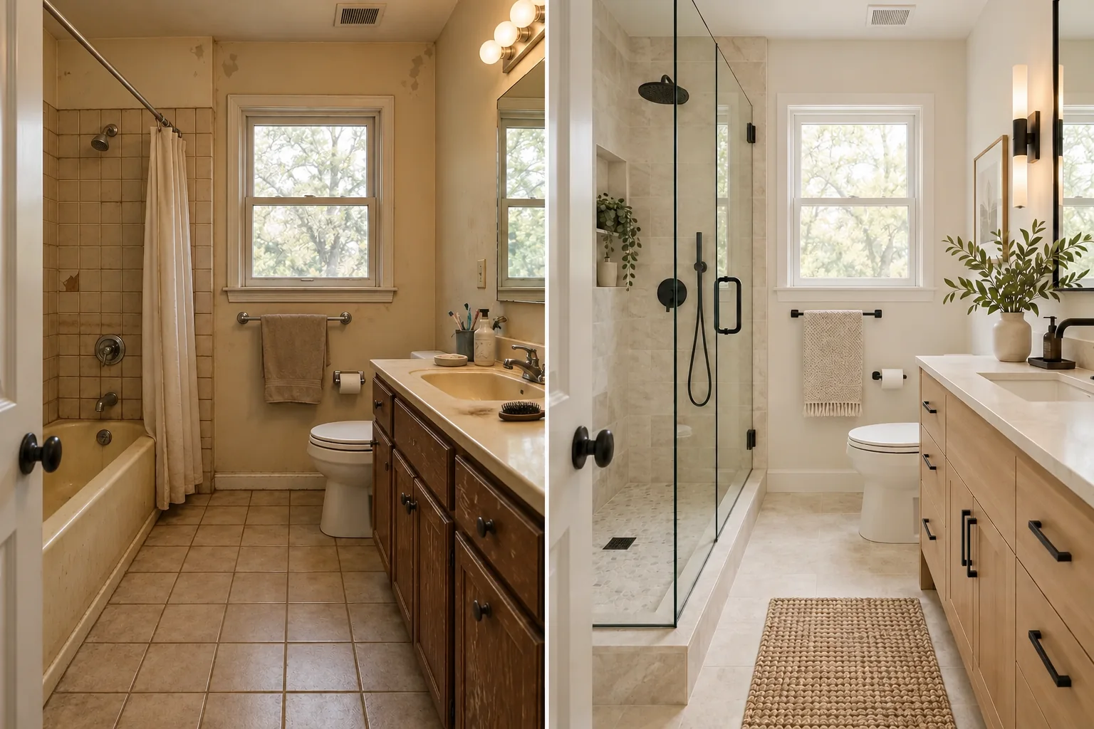 Illustrative before and after view of a bathroom renovation