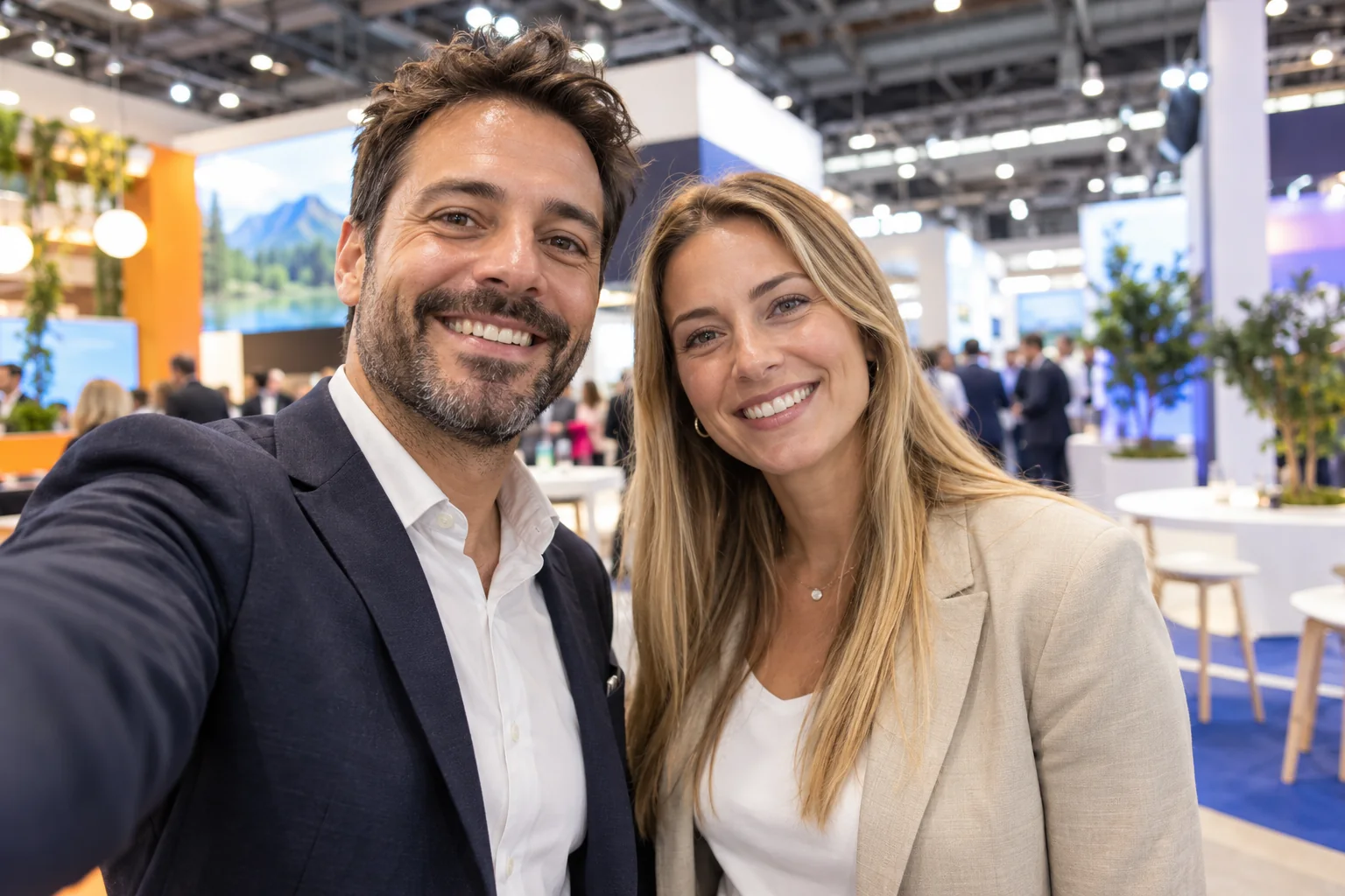 Selfi ilustrativo de un expositor y un visitante en un stand de feria